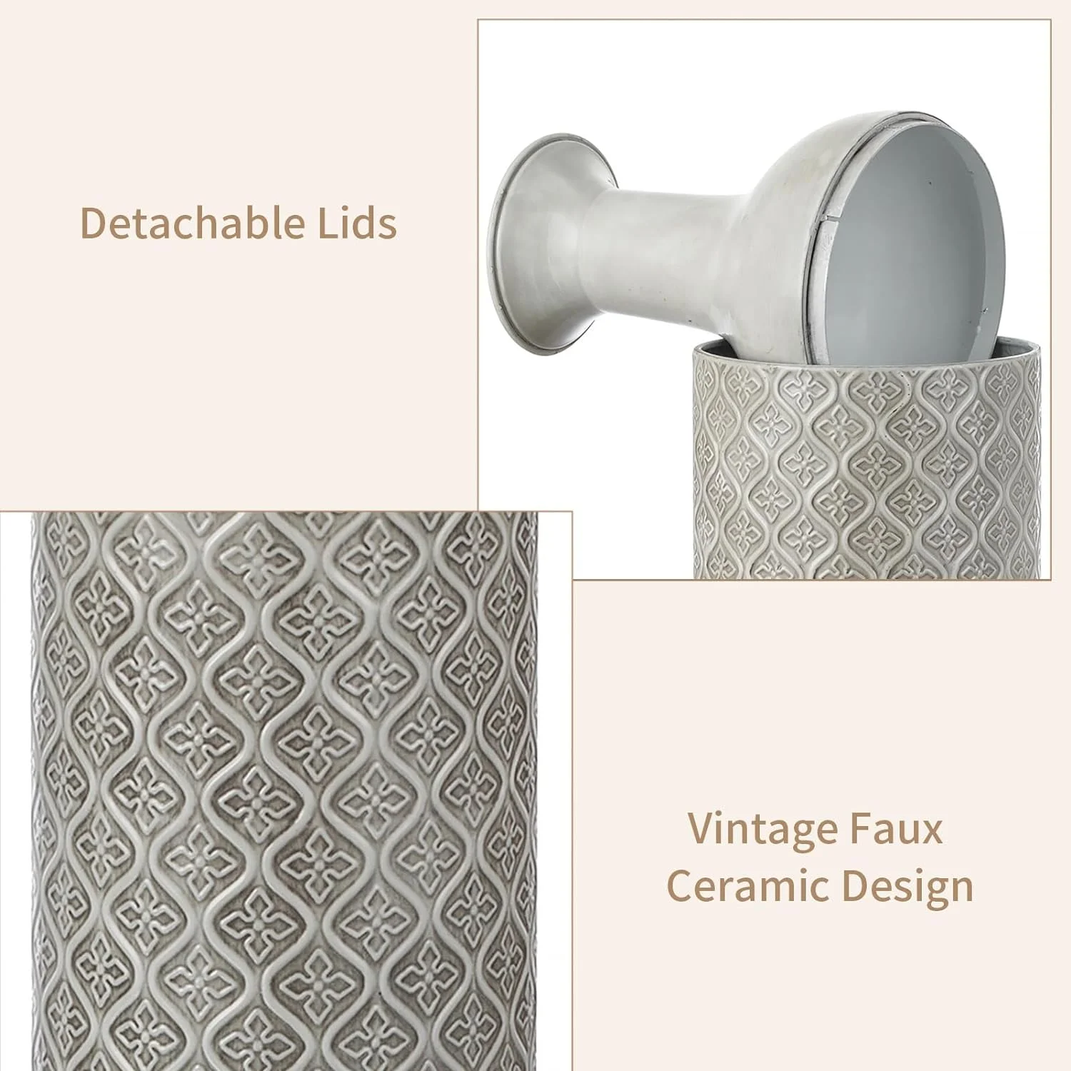 Sziqiqi Jarron Alto Decoración Suelo - 55/70cm Florero Extra Grande Juego de 2 Jarrones Grandes de Metal para Pampas Ramitas Jarrón Vintage Gris de Gran Tamaño para Sala de Estar Dormitorio Casa - Imagen 5