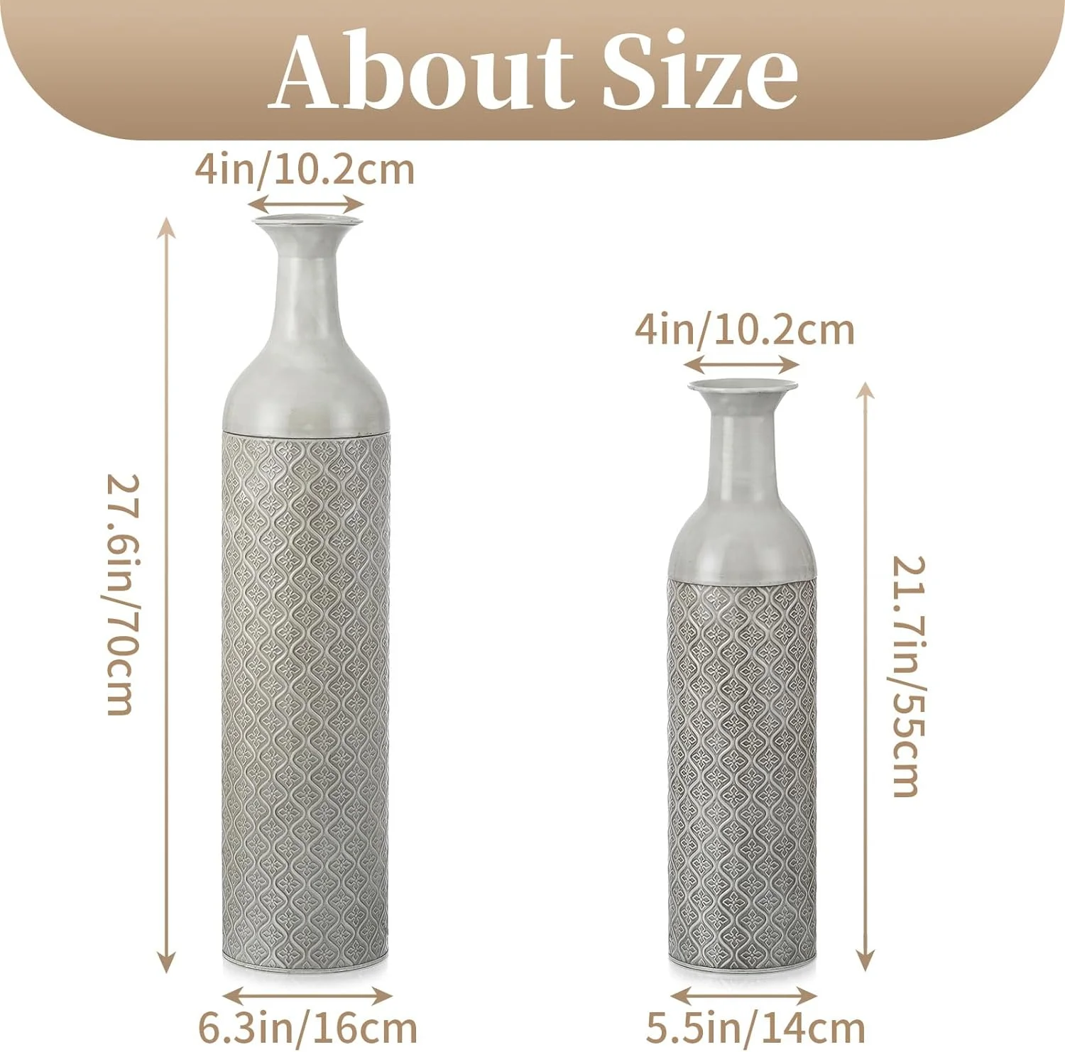 Sziqiqi Jarron Alto Decoración Suelo - 55/70cm Florero Extra Grande Juego de 2 Jarrones Grandes de Metal para Pampas Ramitas Jarrón Vintage Gris de Gran Tamaño para Sala de Estar Dormitorio Casa - Imagen 6