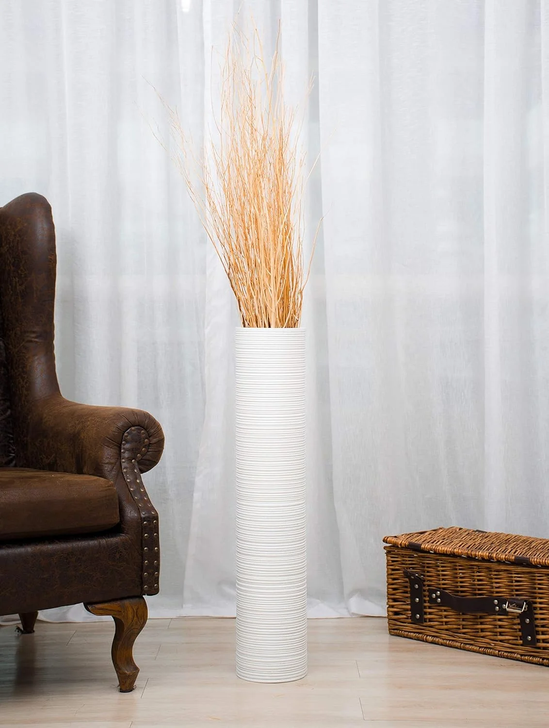 Leewadee Large Floor Vase – Tall Mango Wood Vase for Decorative Branches, 70 cm, White - Image 2