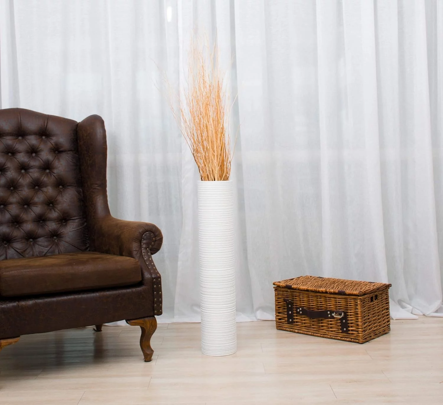 Leewadee Large Floor Vase – Tall Mango Wood Vase for Decorative Branches, 70 cm, White - Image 8
