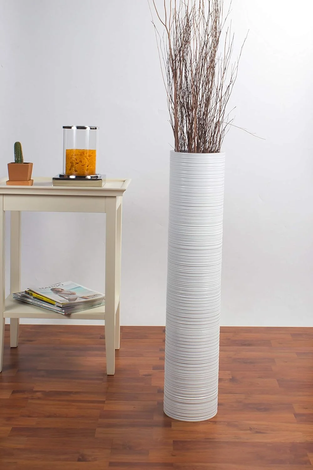 Leewadee Large Floor Vase – Tall Mango Wood Vase for Decorative Branches, 70 cm, White - Image 9