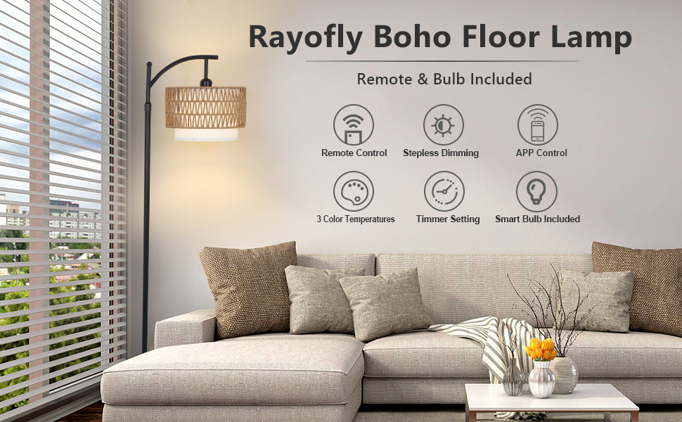 Rayofly Lámpara de Pie de Ratán Regulable con Mando a Distancia y Bombilla LED, Control por App