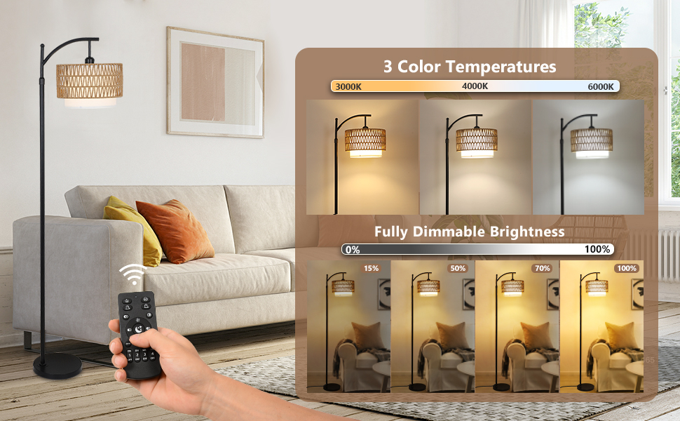 Rayofly Lámpara de Pie de Ratán Regulable con Mando a Distancia y Bombilla LED, Control por App