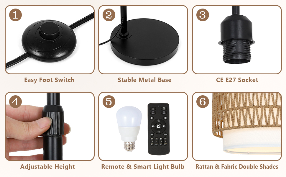Rayofly Lámpara de Pie de Ratán Regulable con Mando a Distancia y Bombilla LED, Control por App