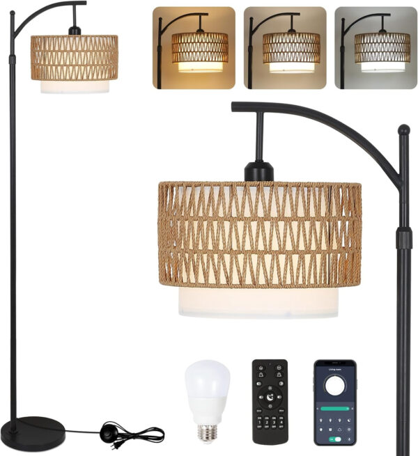 Rayofly Lámpara de Pie de Ratán Regulable con Mando a Distancia y Bombilla LED, Control por App, Lámpara de Pie Boho con Pantalla de Ratán y Lino, Lámpara de Pie Vintage para Salón, Dormitorio