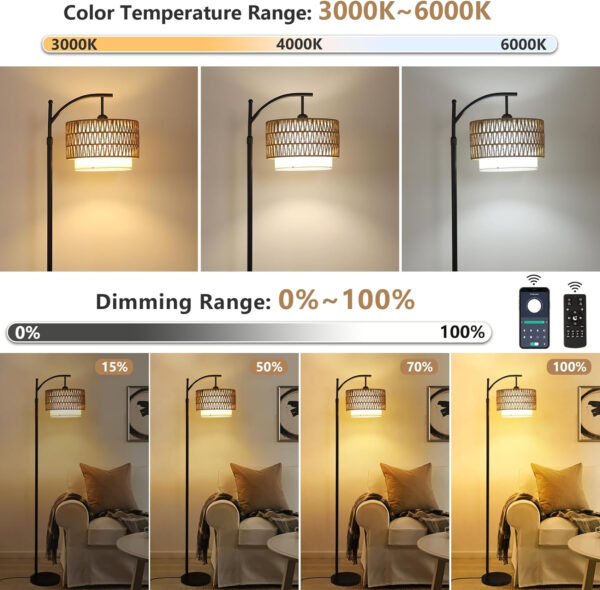 Rayofly Lámpara de Pie de Ratán Regulable con Mando a Distancia y Bombilla LED, Control por App, Lámpara de Pie Boho con Pantalla de Ratán y Lino, Lámpara de Pie Vintage para Salón, Dormitorio - Imagen 2