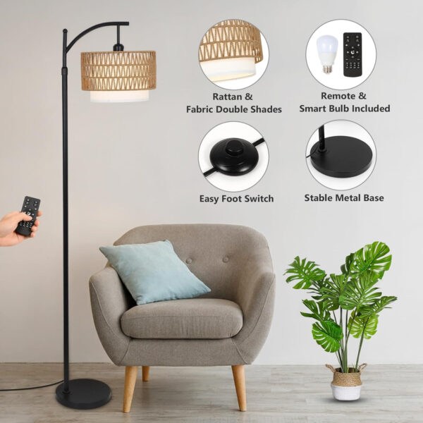 Rayofly Lámpara de Pie de Ratán Regulable con Mando a Distancia y Bombilla LED, Control por App, Lámpara de Pie Boho con Pantalla de Ratán y Lino, Lámpara de Pie Vintage para Salón, Dormitorio - Imagen 3