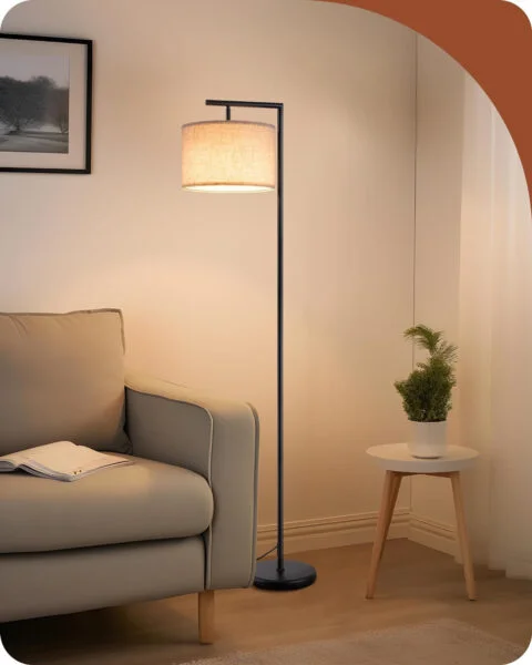 EDISHINE Lámpara de Pie Minimalista con Pantalla de Lino Beige, Casquillo E27, Compatible con Varias Bombillas, 160cm Lámpara de Arco Negra con Pantalla Ajustable para Dormitorio, Salón, Oficina