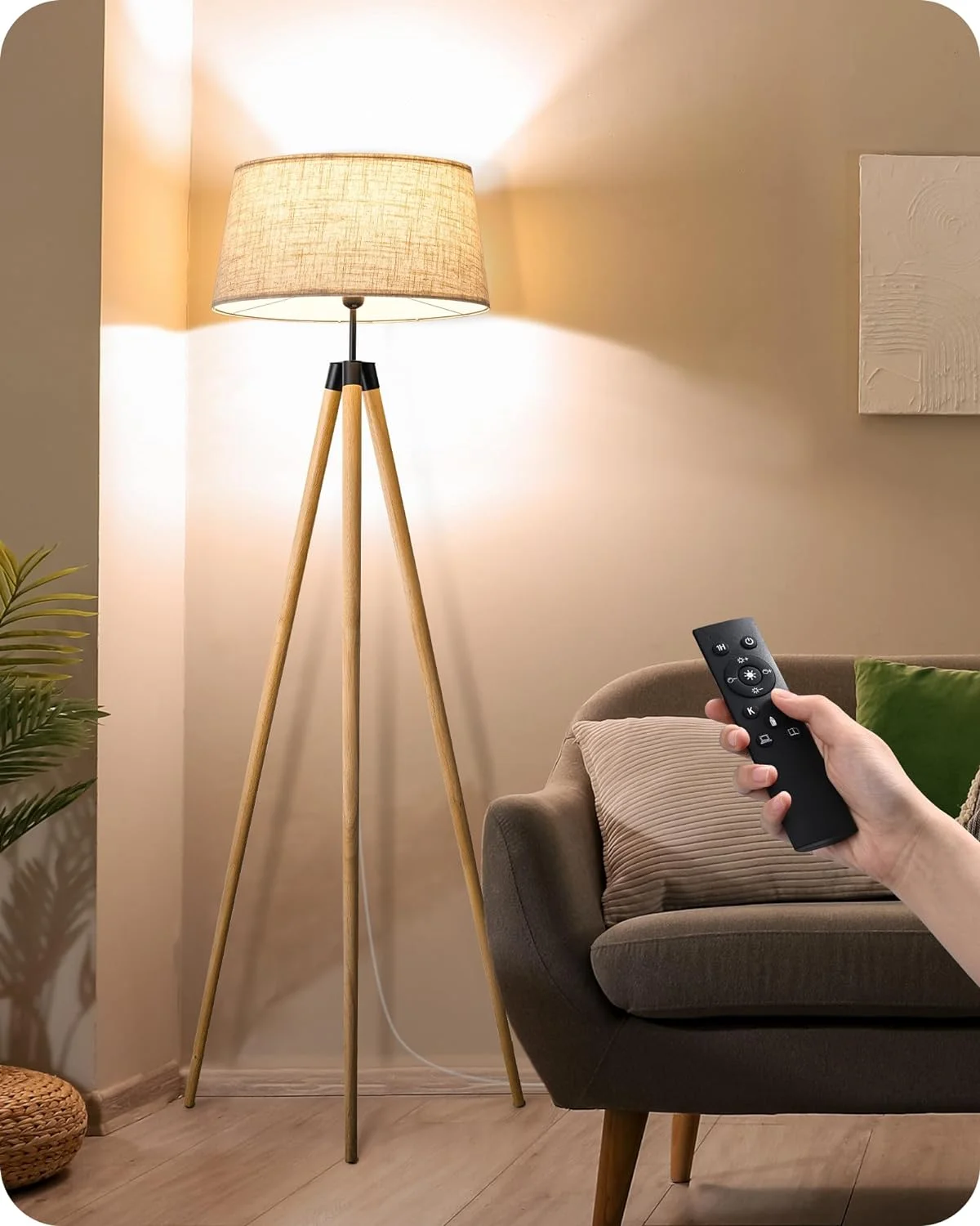 EDISHINE Lámpara de Pie LED de Madera, Salón, Lámpara de Pie, Regulable para Comedor y Habitación Infantil, Pantalla de Lino, Casquillo E27, Bombilla Incluida