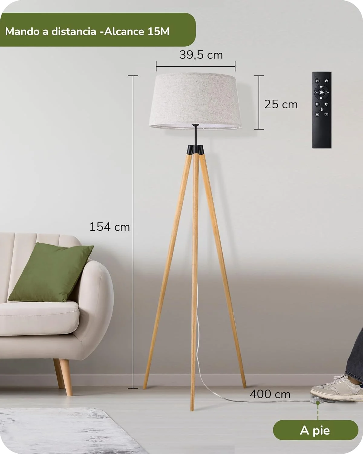 EDISHINE Lámpara de Pie LED de Madera, Salón, Lámpara de Pie, Regulable para Comedor y Habitación Infantil, Pantalla de Lino, Casquillo E27, Bombilla Incluida - Imagen 4