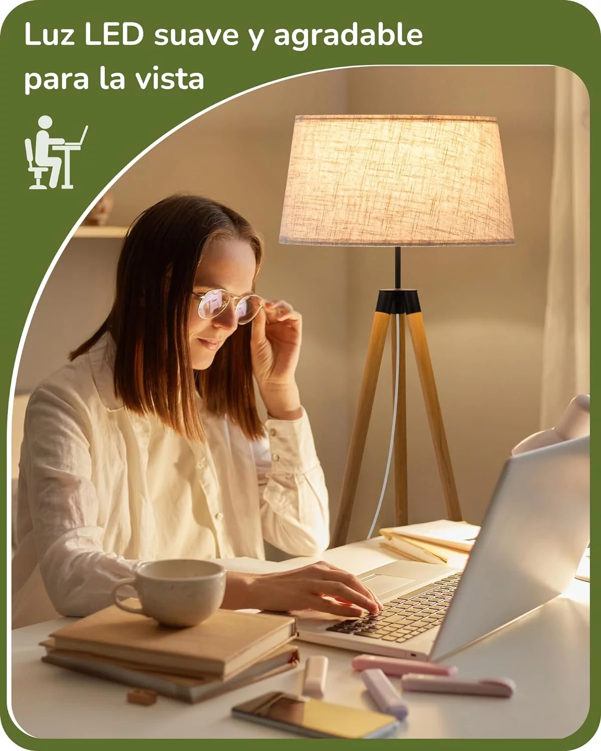 EDISHINE Lámpara de Pie LED de Madera, Salón, Lámpara de Pie, Regulable para Comedor y Habitación Infantil, Pantalla de Lino, Casquillo E27, Bombilla Incluida - Imagen 5