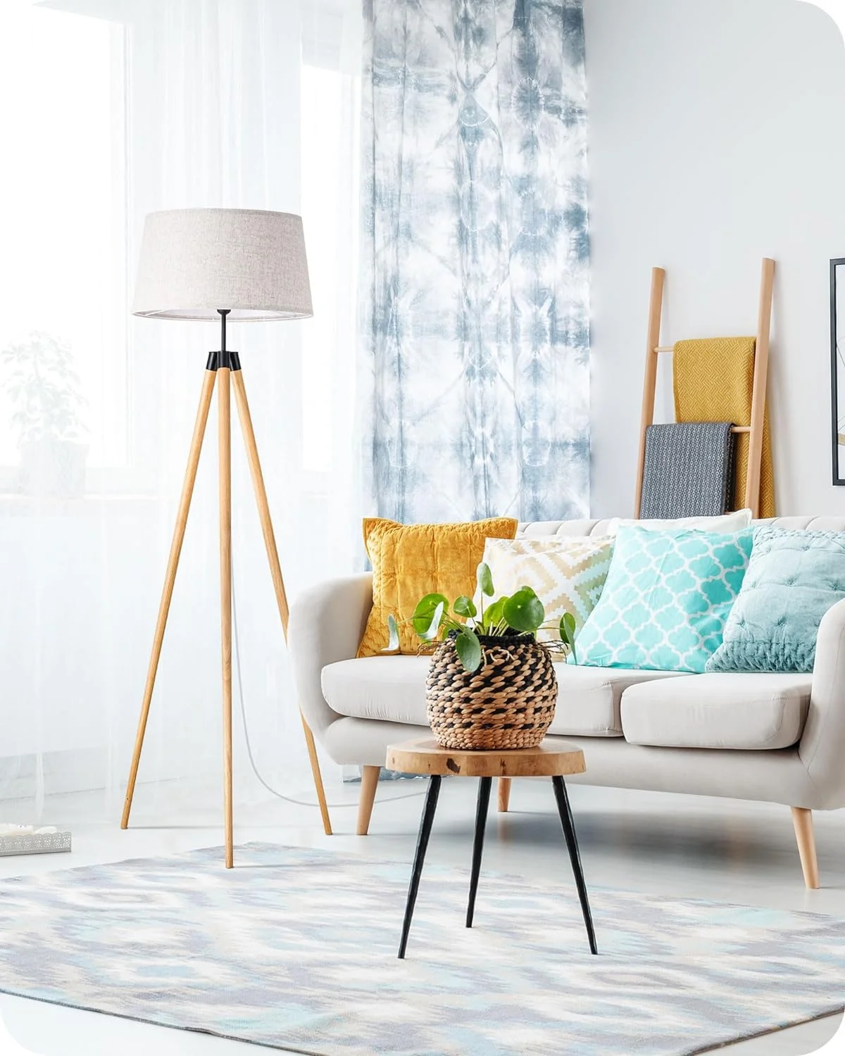 EDISHINE Lámpara de Pie LED de Madera, Salón, Lámpara de Pie, Regulable para Comedor y Habitación Infantil, Pantalla de Lino, Casquillo E27, Bombilla Incluida - Imagen 8