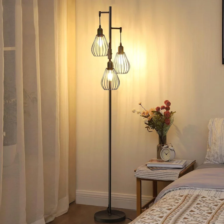 EDISHINE Lámpara de Pie LED Vintage Negra, Regulable, 3 pantallas de jaula en forma de lágrima con Bombilla E27, Diseño Industrial Fabricada en Metal, Ahorra Energía, para Salón, Oficina, Dormitorio