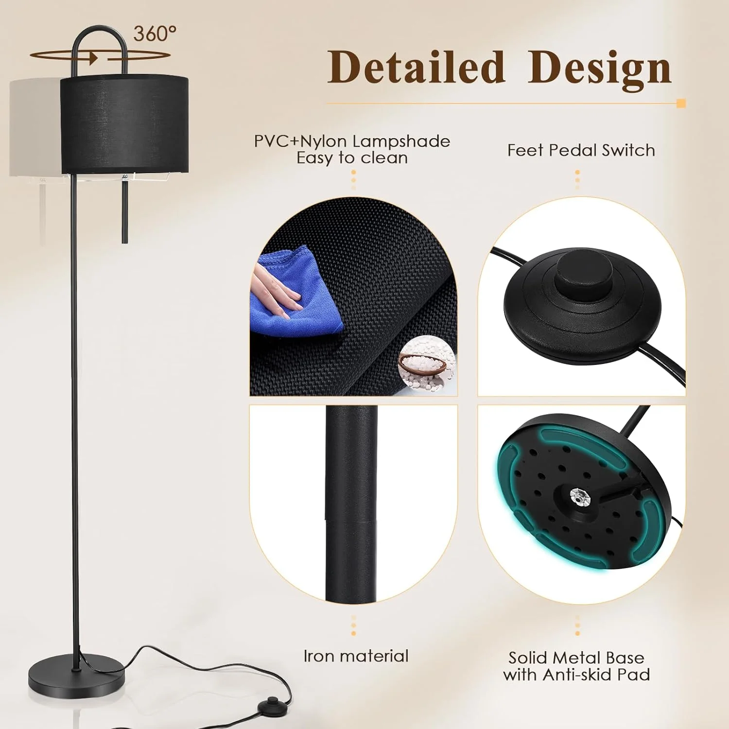 nmoiww Lámpara de pie retro para sala de estar, lámpara de pie de tela regulable en 3 posiciones con interruptor de pie 3000 K-4000 K-5000 K con bombilla de 9 W, adecuada para dormitorio, oficina, - Imagen 2