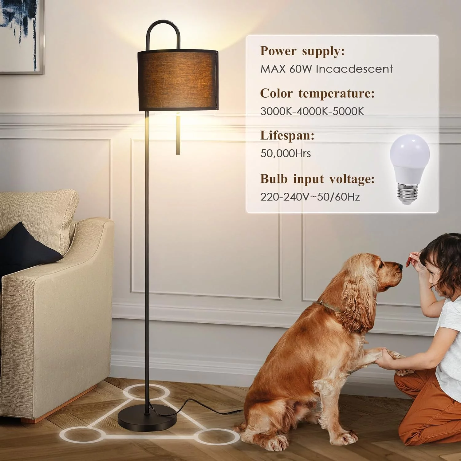 nmoiww Lámpara de pie retro para sala de estar, lámpara de pie de tela regulable en 3 posiciones con interruptor de pie 3000 K-4000 K-5000 K con bombilla de 9 W, adecuada para dormitorio, oficina, - Imagen 3