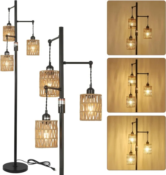 Rayofly Lámpara de Pie Regulable con Pantalla de Ratán, Lámpara de Pie Boho Vintage de 3 Luces con Regulador, Lámpara de Pie Industrial para Salón, Dormitorio, Habitación de Niños, Altura 165cm