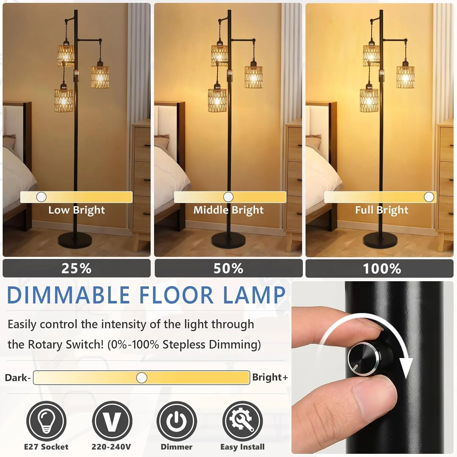 Lámpara de Pie Boho con Pantalla de Ratán | Iluminación Regulable - Imagen 2