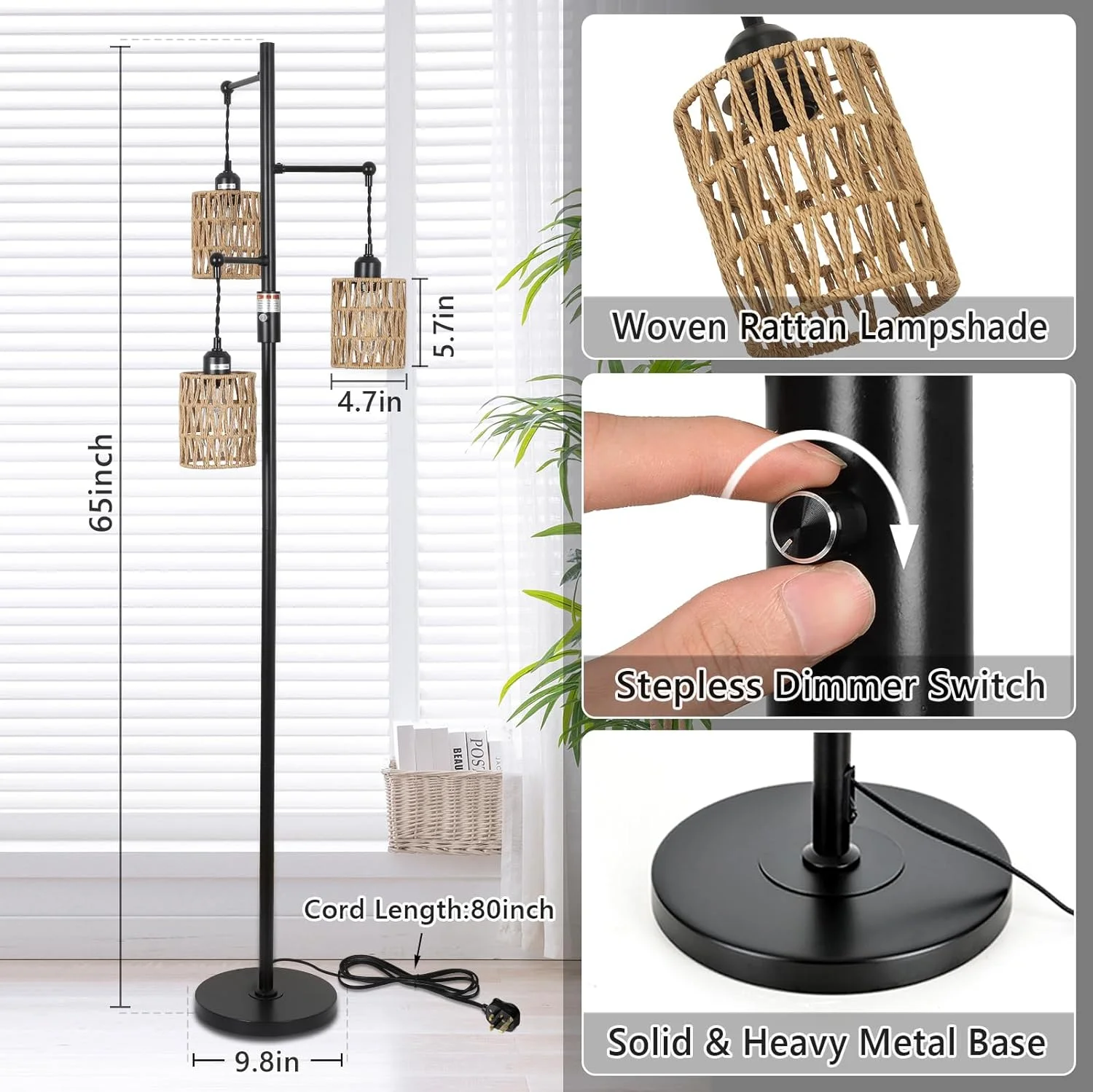 Lámpara de Pie Boho con Pantalla de Ratán | Iluminación Regulable - Imagen 5