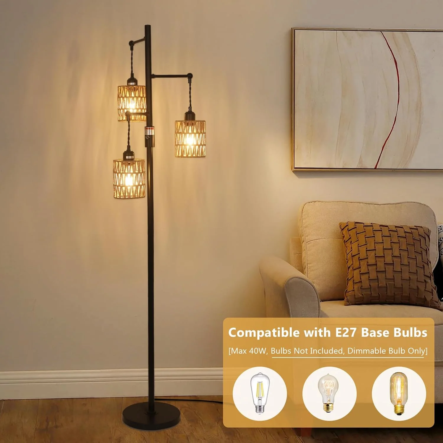 Lámpara de Pie Boho con Pantalla de Ratán | Iluminación Regulable - Imagen 6