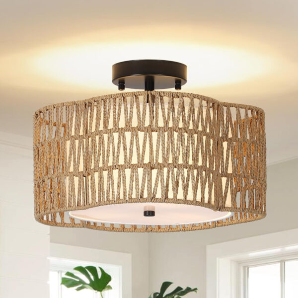 Stepeak Lámpara de techo de ratán salón, lámpara de techo boho de 3 luces con pantalla de ratán y lino, lámpara de techo de ratán de granja bambú, lámpara de techo rústica para dormitorio cocina