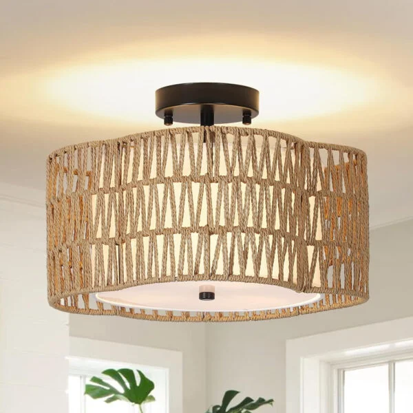 Stepeak Lámpara de techo de ratán salón, lámpara de techo boho de 3 luces con pantalla de ratán y lino, lámpara de techo de ratán de granja bambú, lámpara de techo rústica para dormitorio cocina