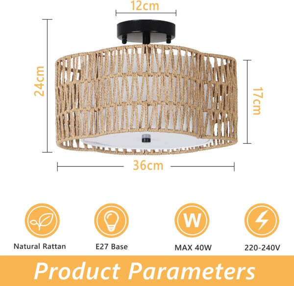 Stepeak Lámpara de techo de ratán salón, lámpara de techo boho de 3 luces con pantalla de ratán y lino, lámpara de techo de ratán de granja bambú, lámpara de techo rústica para dormitorio cocina - Imagen 5