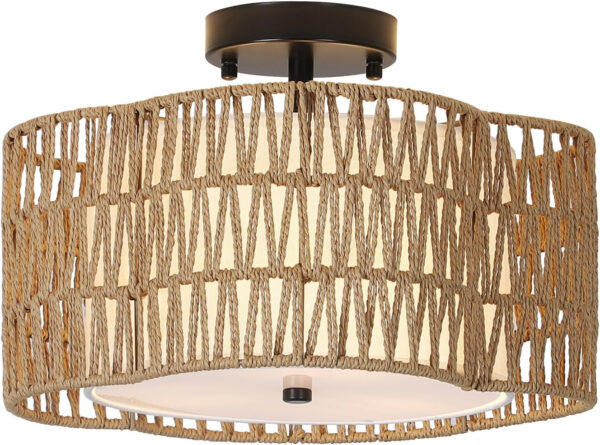 Stepeak Lámpara de techo de ratán salón, lámpara de techo boho de 3 luces con pantalla de ratán y lino, lámpara de techo de ratán de granja bambú, lámpara de techo rústica para dormitorio cocina - Imagen 8