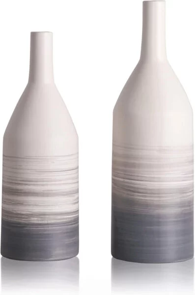 TERESA'S COLLECTIONS Florero de Cerámica Jarrón, 2Pcs Floreros Decorativos Modernos Hechos a Mano Blanco y Gris para Sala de Estar, Cocina, Mesa, hogar, Oficina, Boda, Regalo