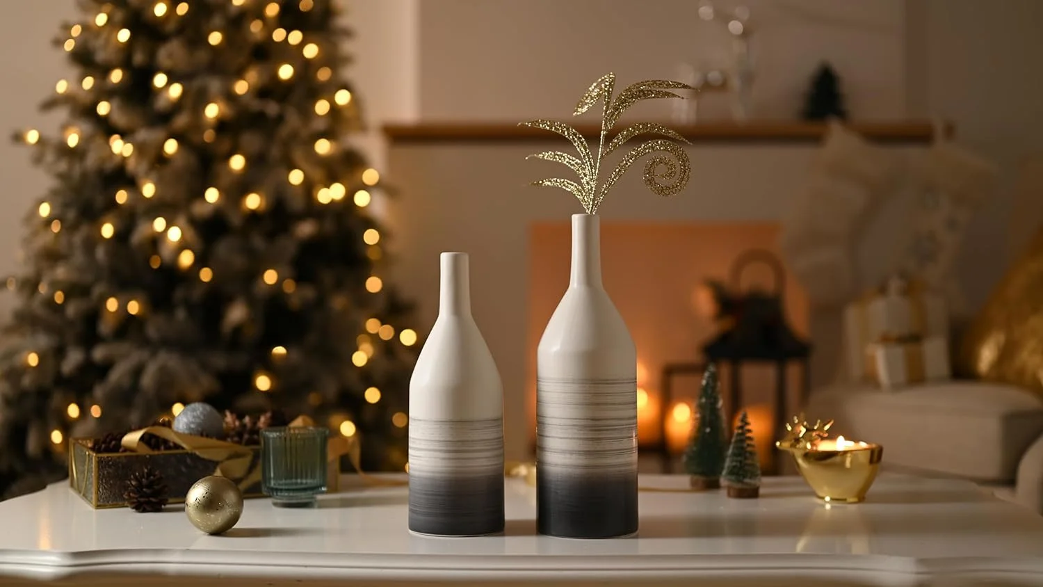 TERESA'S COLLECTIONS Florero de Cerámica Jarrón, 2Pcs Floreros Decorativos Modernos Hechos a Mano Blanco y Gris para Sala de Estar, Cocina, Mesa, hogar, Oficina, Boda, Regalo - Imagen 2
