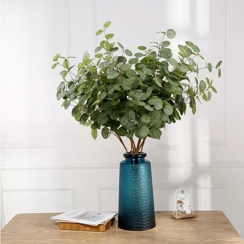 HNVNER 6 racimos de flores artificiales de eucalipto, tallos de eucalipto artificiales, ramas de seda sintética, plantas artificiales de follaje verde para arreglos florales, decoración del hogar, - Imagen 2