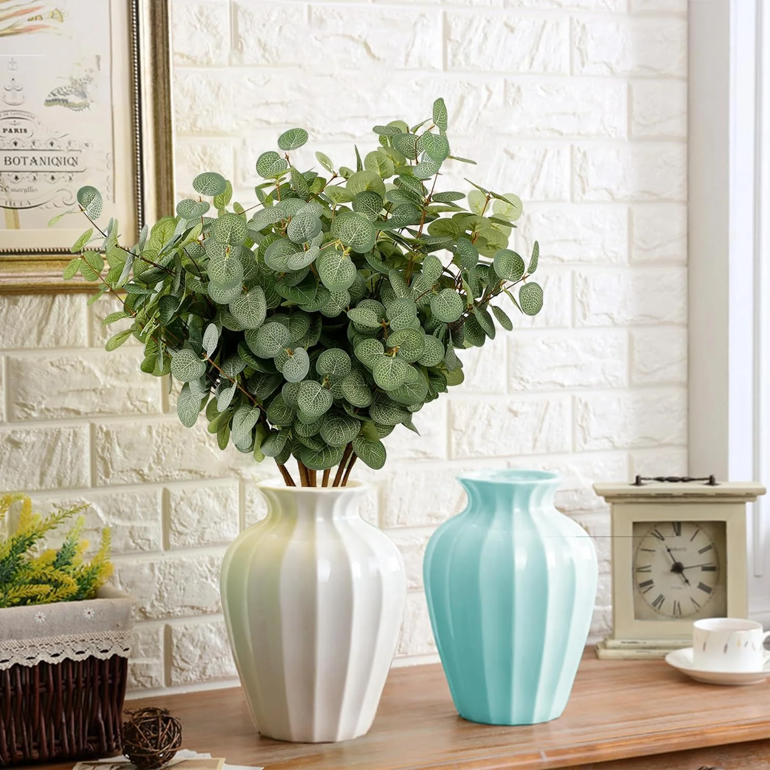 HNVNER 6 racimos de flores artificiales de eucalipto, tallos de eucalipto artificiales, ramas de seda sintética, plantas artificiales de follaje verde para arreglos florales, decoración del hogar, - Imagen 3