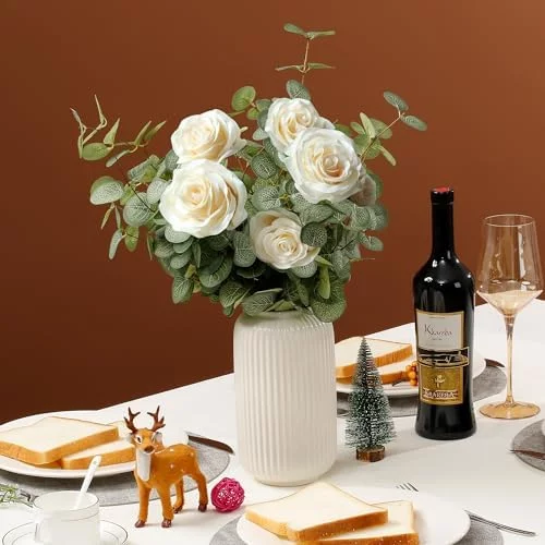 HNVNER 6 racimos de flores artificiales de eucalipto, tallos de eucalipto artificiales, ramas de seda sintética, plantas artificiales de follaje verde para arreglos florales, decoración del hogar, - Imagen 6