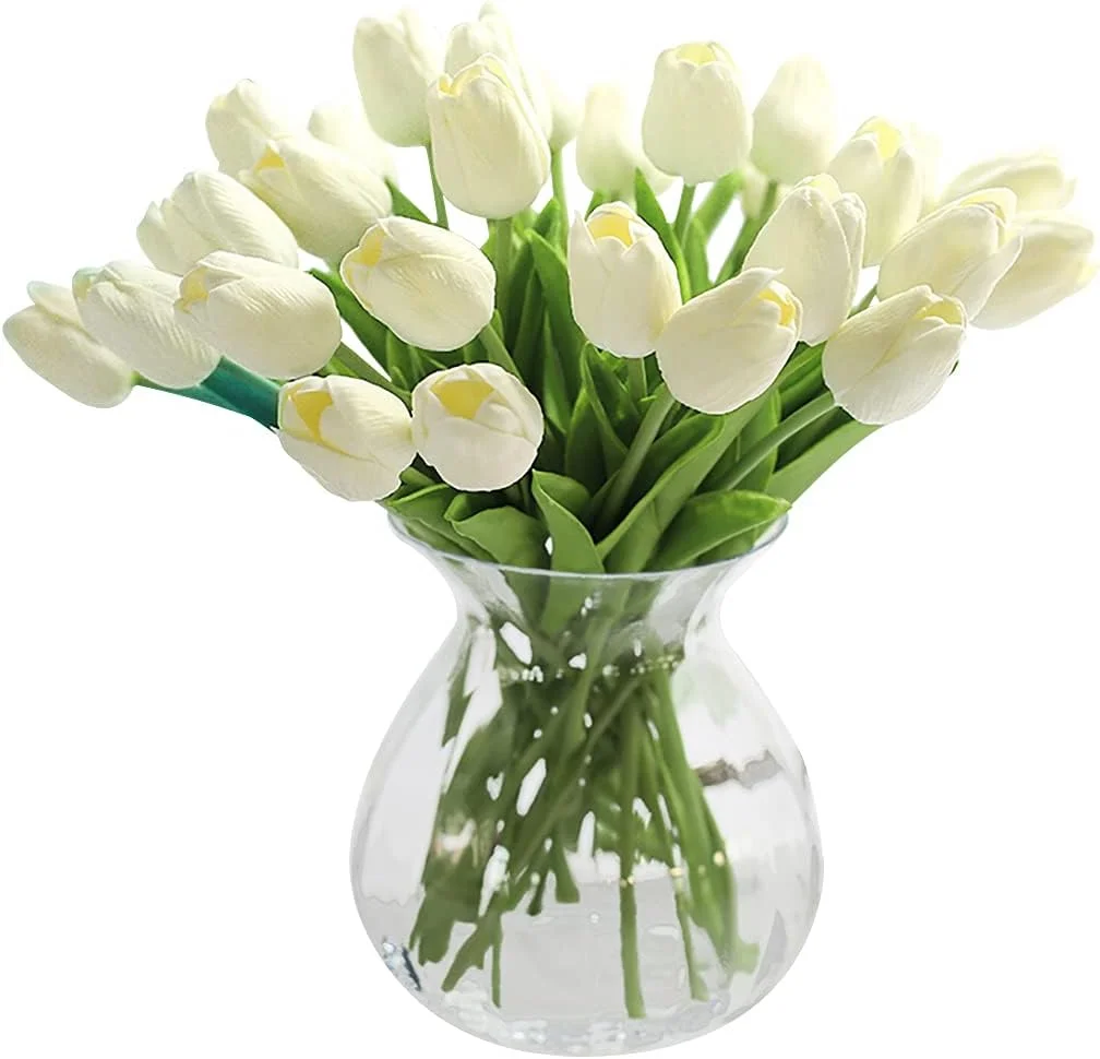 JUSTOYOU El tulipán Tiene un Toque Real, 33 cm de Largo, Flores Artificiales Decorativas para Ramos de Boda, hogar, Hotel, jardín, Evento navideño, Blanco, 20 por Paquete.
