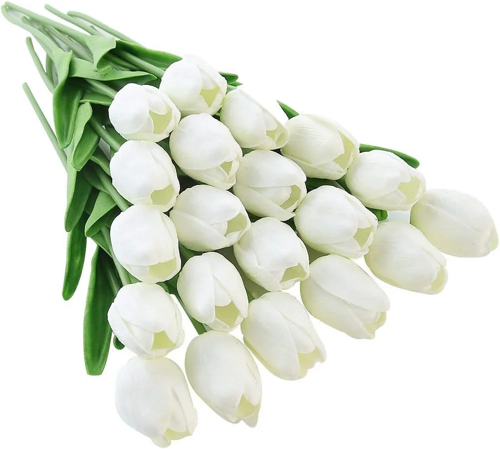 JUSTOYOU El tulipán Tiene un Toque Real, 33 cm de Largo, Flores Artificiales Decorativas para Ramos de Boda, hogar, Hotel, jardín, Evento navideño, Blanco, 20 por Paquete. - Imagen 2
