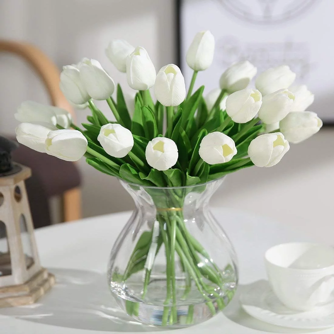JUSTOYOU El tulipán Tiene un Toque Real, 33 cm de Largo, Flores Artificiales Decorativas para Ramos de Boda, hogar, Hotel, jardín, Evento navideño, Blanco, 20 por Paquete. - Imagen 3