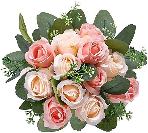 Liseng 12 Rosas Artificiales de de 17 cm y 5 Ramas Artificiales de eucalipto Hojas, Ramo para celebración de Bodas