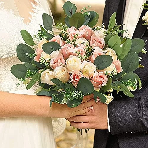 Liseng 12 Rosas Artificiales de de 17 cm y 5 Ramas Artificiales de eucalipto Hojas, Ramo para celebración de Bodas - Imagen 2