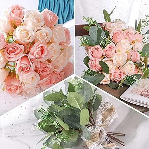 Liseng 12 Rosas Artificiales de de 17 cm y 5 Ramas Artificiales de eucalipto Hojas, Ramo para celebración de Bodas - Imagen 3