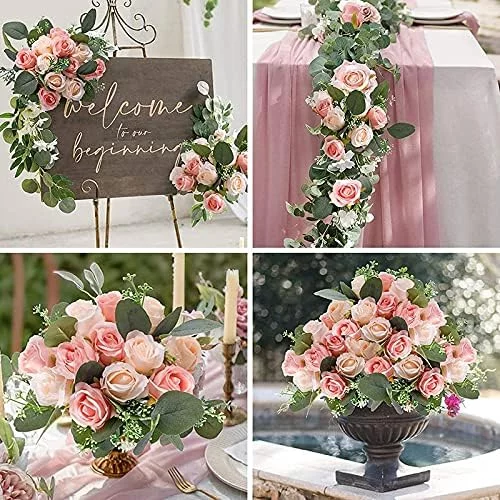 Liseng 12 Rosas Artificiales de de 17 cm y 5 Ramas Artificiales de eucalipto Hojas, Ramo para celebración de Bodas - Imagen 4