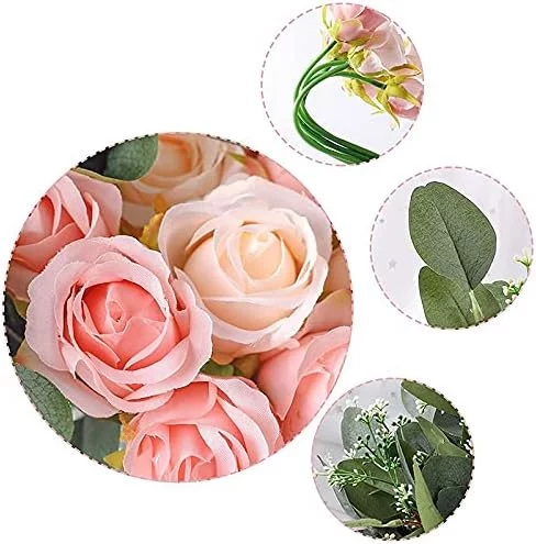 Liseng 12 Rosas Artificiales de de 17 cm y 5 Ramas Artificiales de eucalipto Hojas, Ramo para celebración de Bodas - Imagen 5