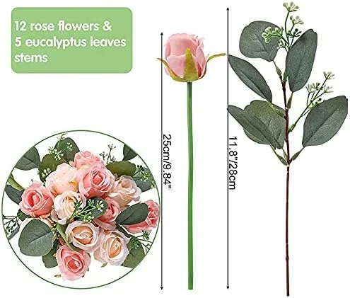 Liseng 12 Rosas Artificiales de de 17 cm y 5 Ramas Artificiales de eucalipto Hojas, Ramo para celebración de Bodas - Imagen 6