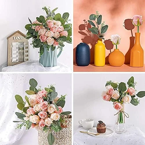 Liseng 12 Rosas Artificiales de de 17 cm y 5 Ramas Artificiales de eucalipto Hojas, Ramo para celebración de Bodas - Imagen 7