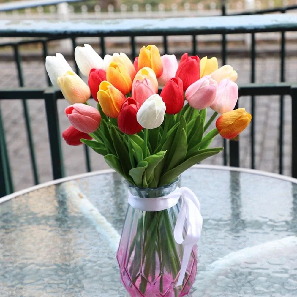24 piezas multicolor artificial tulipán látex verdadero toque para ramos de boda, fiesta nupcial baby shower decoración del hogar - Imagen 5