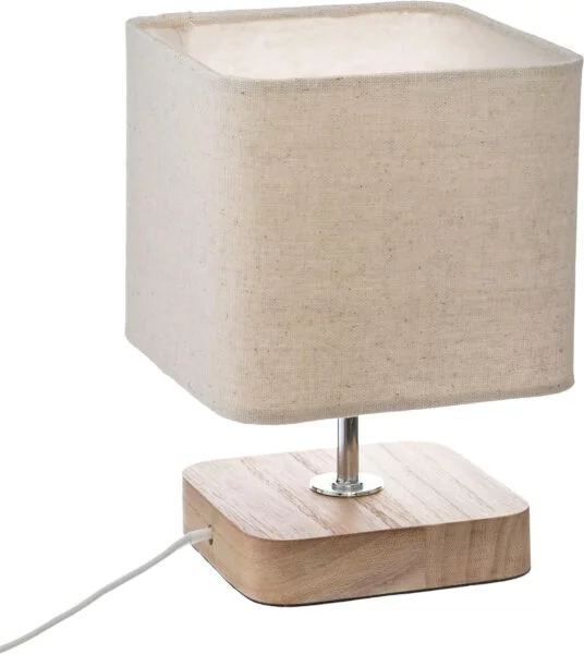 Lámpara de Mesa, Lámparas de Mesita de Noche, Base Madera, Pantalla de Tela, Beige, Lámpara para Escritorio, Salón, Oficina, Comedor, Dormitorio, Bombilla no Incluida, 14,5 x 14,5 x 21 cm