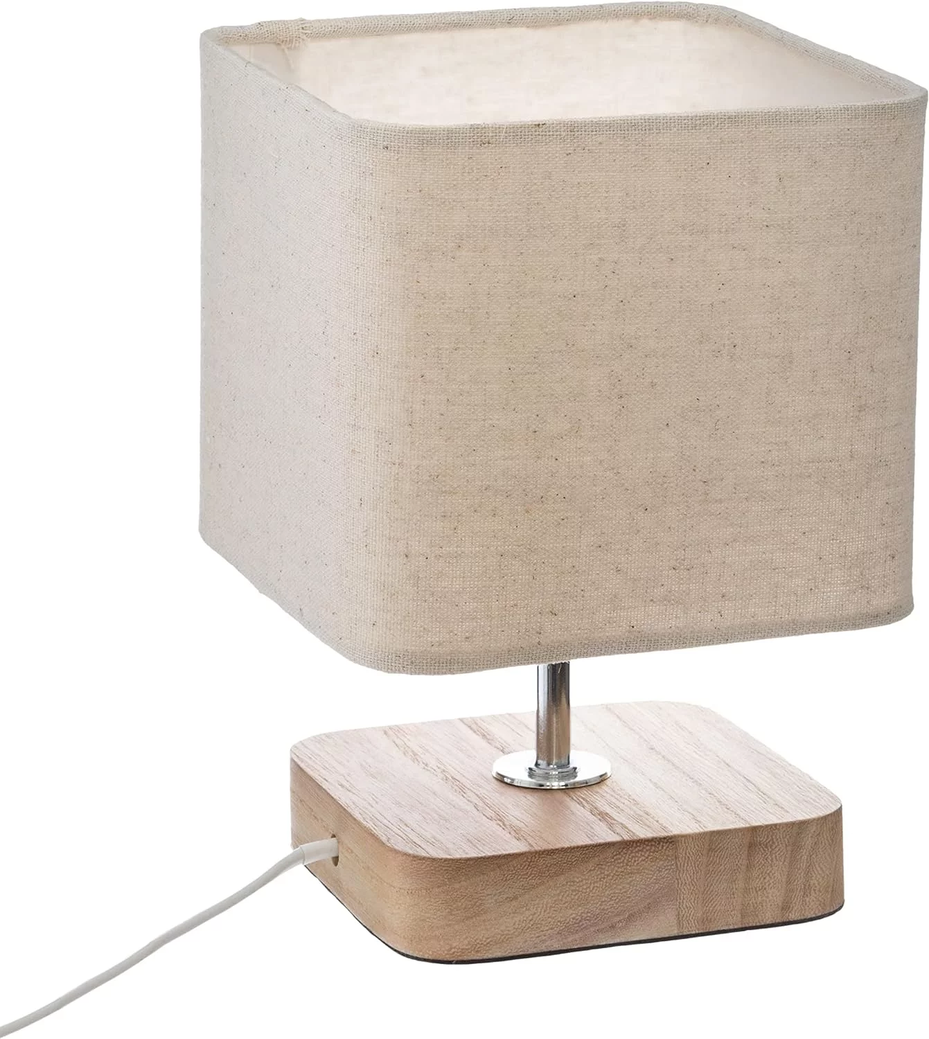 Lámpara de Mesa, Lámparas de Mesita de Noche, Base Madera, Pantalla de Tela, Beige, Lámpara para Escritorio, Salón, Oficina, Comedor, Dormitorio, Bombilla no Incluida, 14,5 x 14,5 x 21 cm