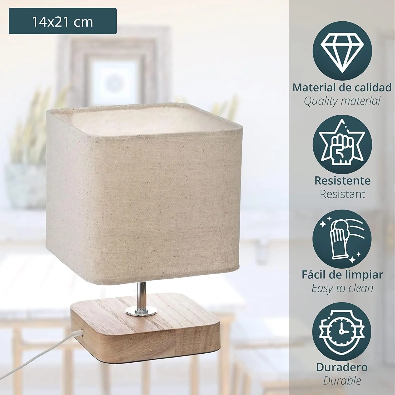 Lámpara de Mesa, Lámparas de Mesita de Noche, Base Madera, Pantalla de Tela, Beige, Lámpara para Escritorio, Salón, Oficina, Comedor, Dormitorio, Bombilla no Incluida, 14,5 x 14,5 x 21 cm - Imagen 3