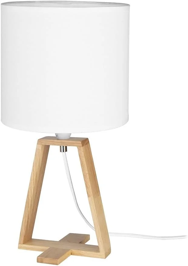 Forlight Nuts Lámpara de Mesa Nórdica para Dormitorio y Salón, para Mesita de Noche de Madera Natural y Textil de Color Blanco para Salón. E27
