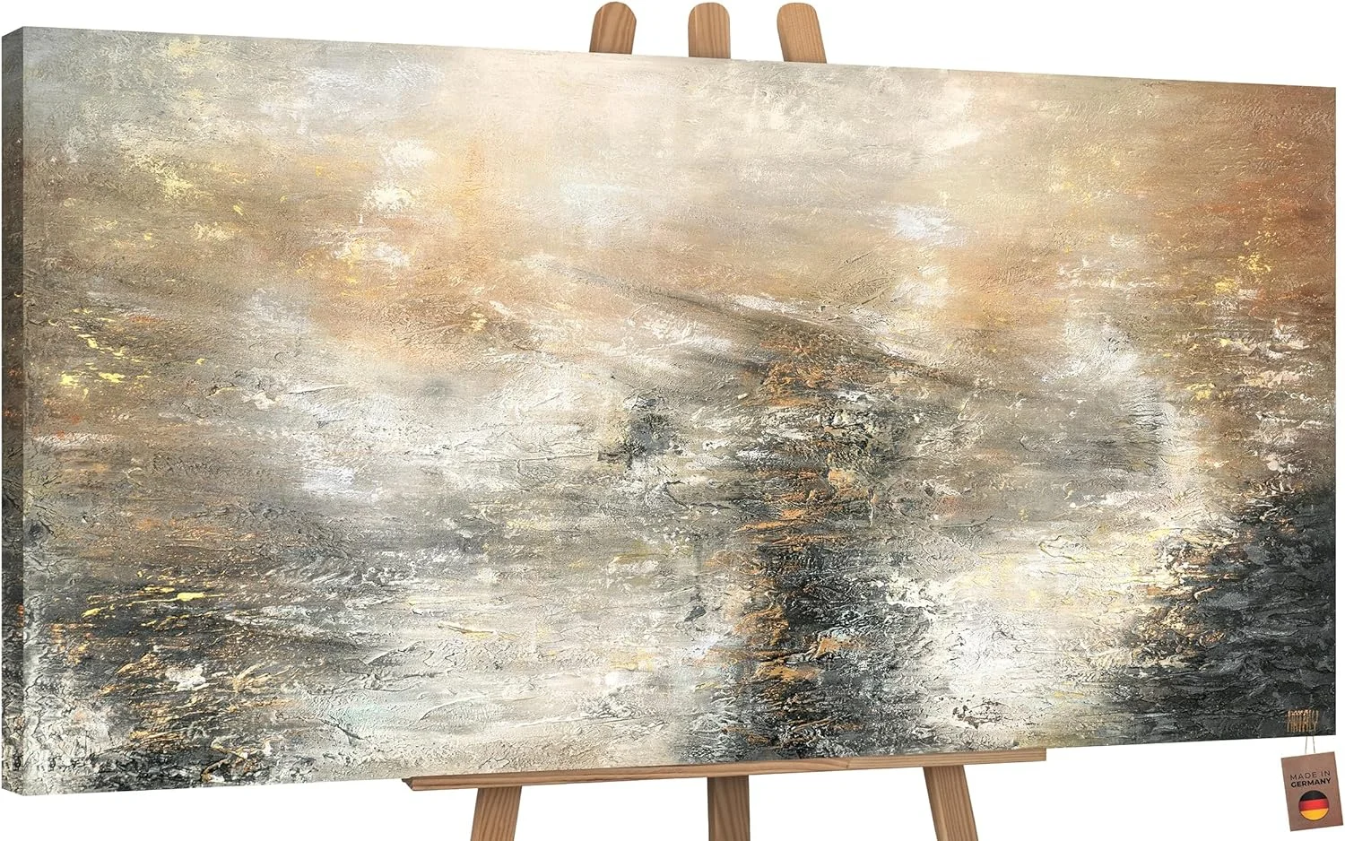 YS-Art Pintura abstracta sobre lienzo en acrílico Poder elemental arte abstracto Pintura hecha a mano en tonos grises y dorados 120x60 cm