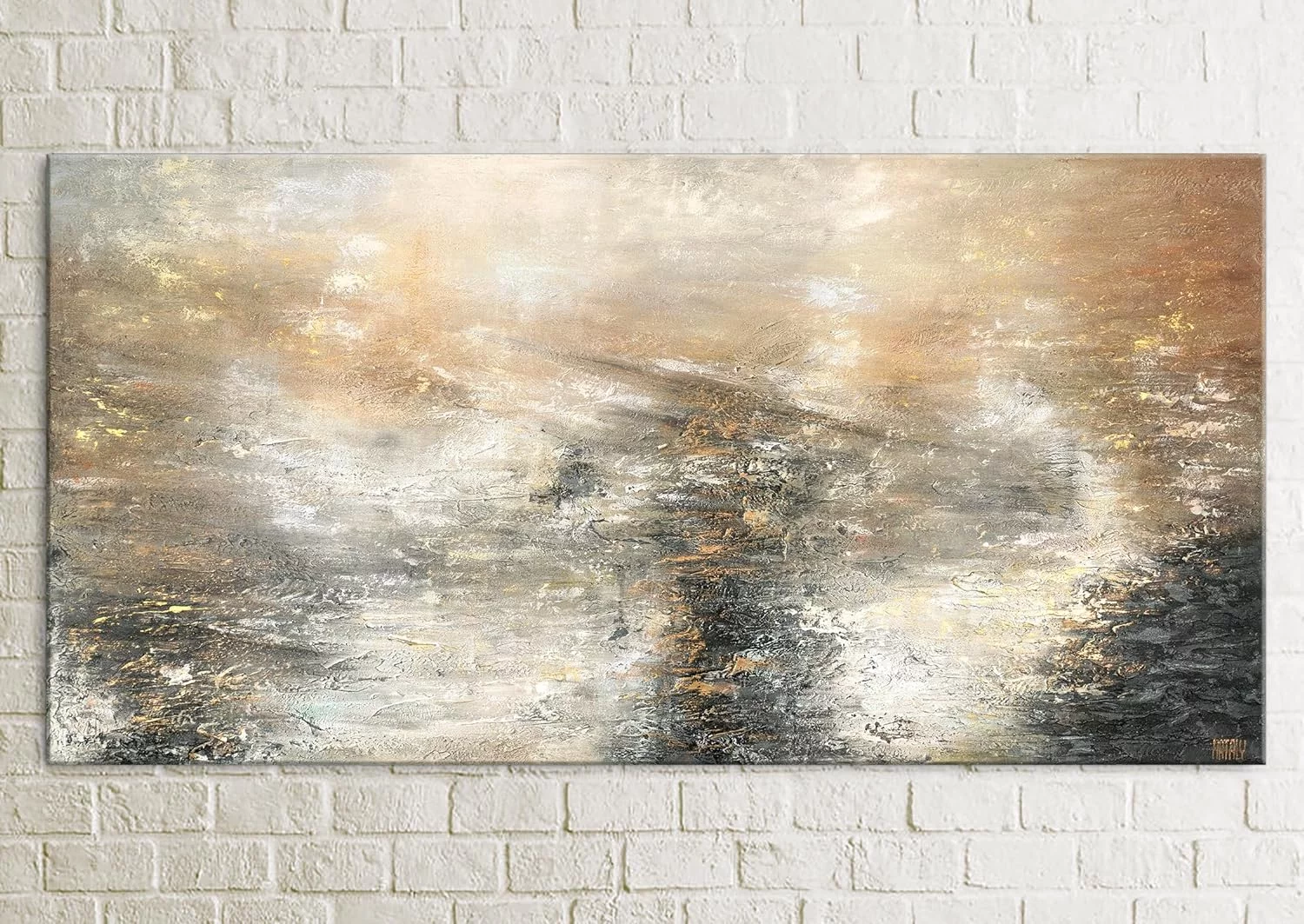 YS-Art Pintura abstracta sobre lienzo en acrílico Poder elemental arte abstracto Pintura hecha a mano en tonos grises y dorados 120x60 cm - Imagen 2