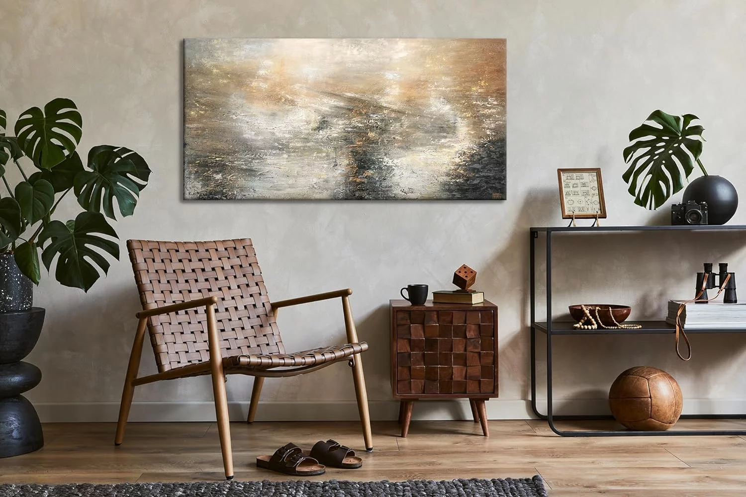 YS-Art Pintura abstracta sobre lienzo en acrílico Poder elemental arte abstracto Pintura hecha a mano en tonos grises y dorados 120x60 cm - Imagen 5